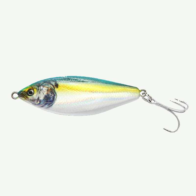 Three fishing lures designed to resemble fish, with silver, blue, and multicolored patterns, displayed on a surface.