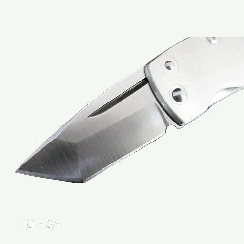 Folding knife with a metallic blade on a black background, featuring the brand 'G. Sakai Co., Ltd'.