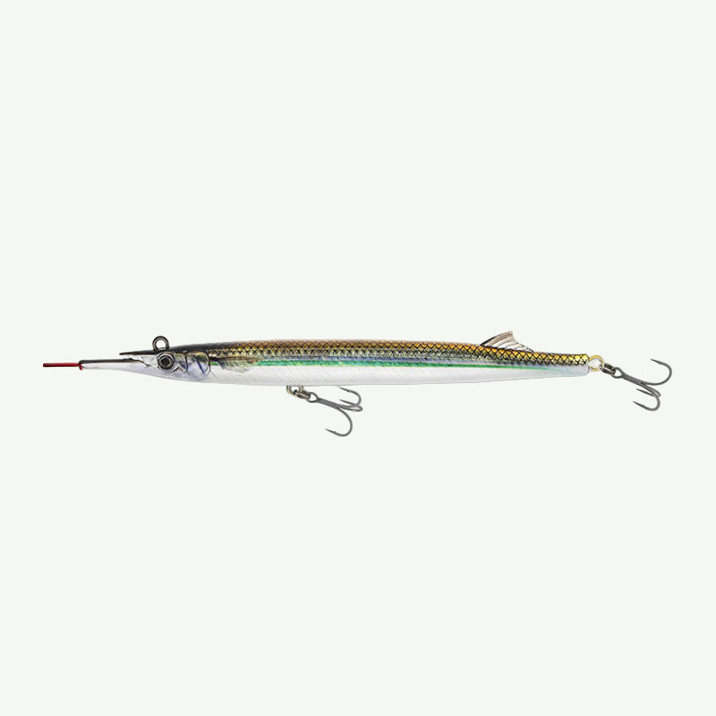 Three Little Jack Sayoris 155 HW topwater stickbaits laid on a wooden surface. The lures are designed to mimic fish with silver and yellow bodies, and they come in different weights.