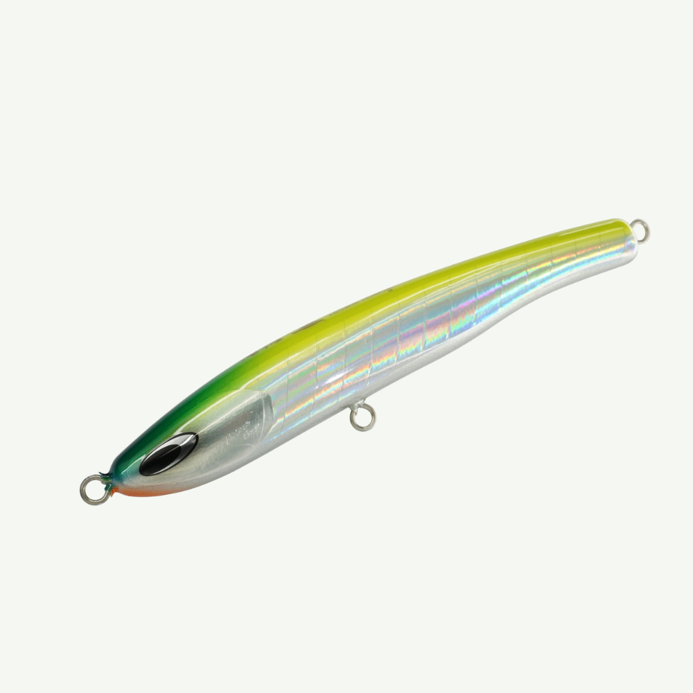 Fishing lure with a metallic body and green top on a white background