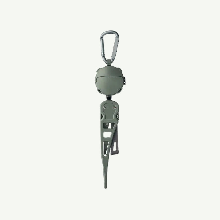 Green carabiner with clip on a white background