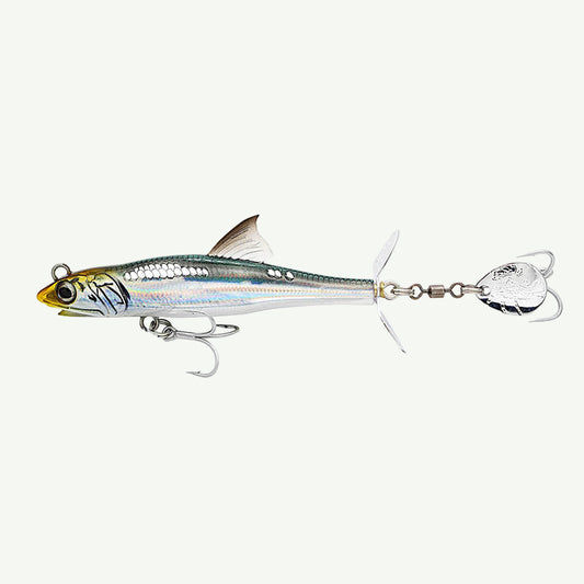A silver topwater fishing lure with a propeller and a rear blade, designed to mimic the appearance of a small fish.