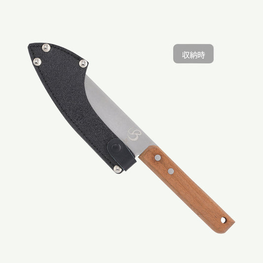 Knife with wooden handle and black sheath on a white background