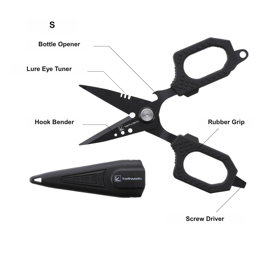 Black multi-tool fishing shears size S with labeled features on a white background