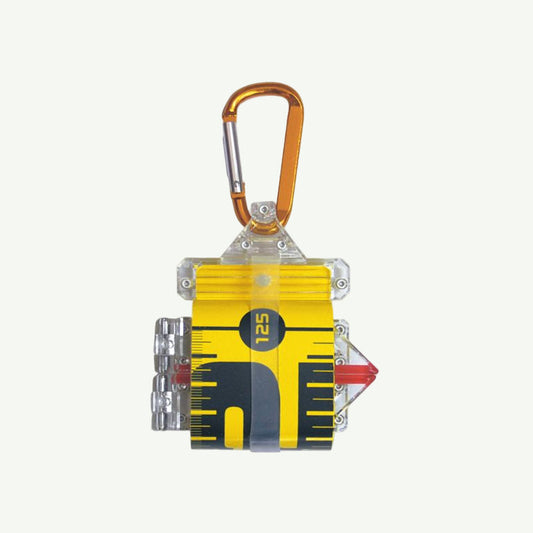 A clear plastic fish measuring tool with a red line, large scale, and a red clip for attaching it to a fishing line, against a white background.