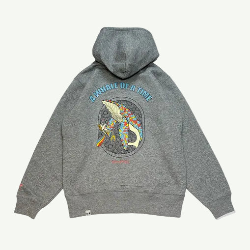 Gray hoodie with colorful graphic design on a white background