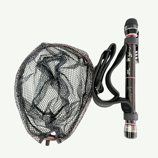 A telescopic fishing landing net with a black handle and net, disassembled into several pieces.