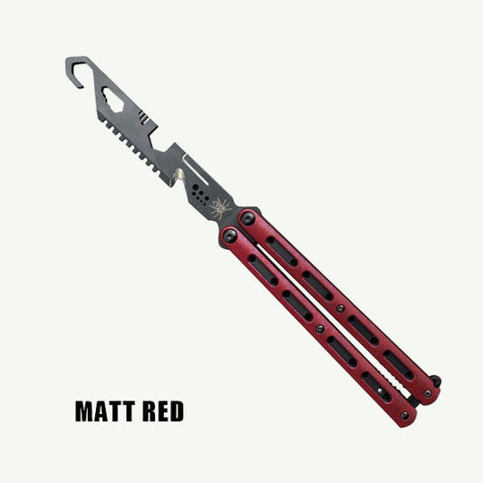 Multitool with red handle and black accents on a white background