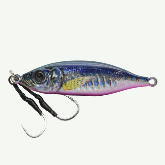 A multicolored, asymmetrical metal fishing jig designed to mimic the profile of a horse mackerel.