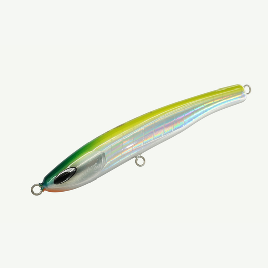 Fishing lure with a metallic body and green top on a white background