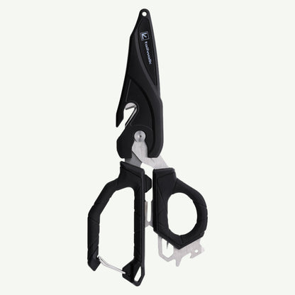Black and silver shears with a brand logo on a white background