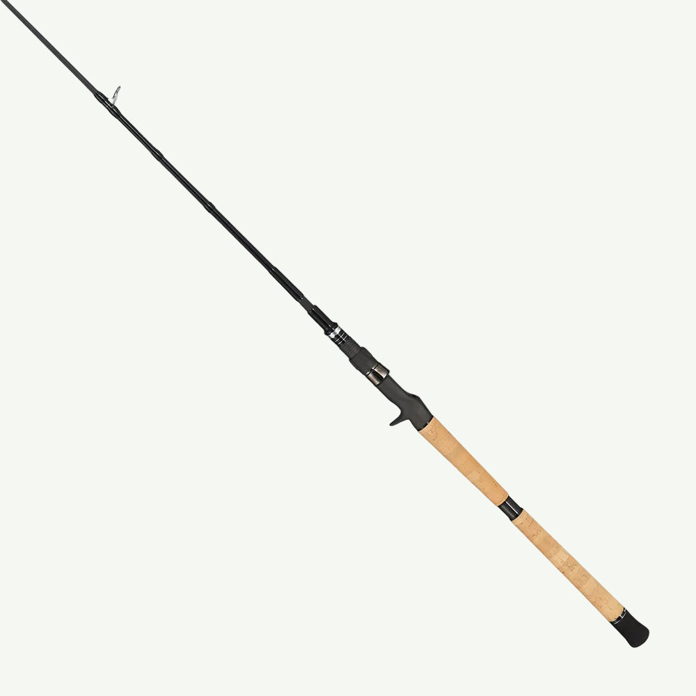 Fishing rod with black and wooden handle on a white background