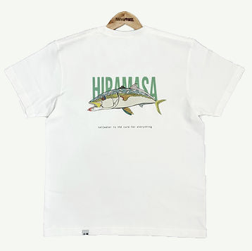 White t-shirt with fish graphic and text on a white background