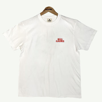 White t-shirt with 'BIG GAME' text on a hanger against a white background