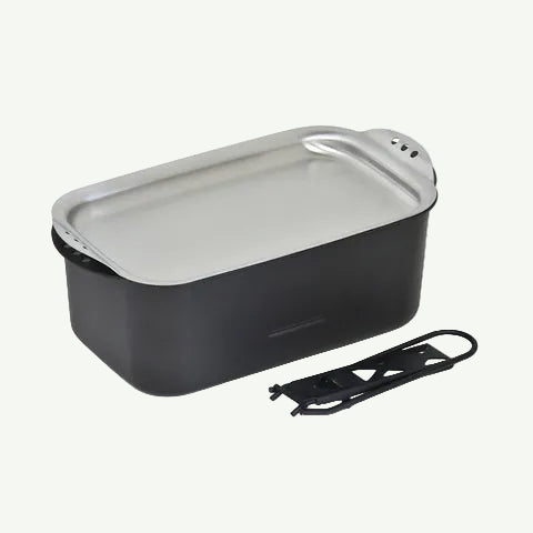 Black rectangular container with a silver lid on a white background