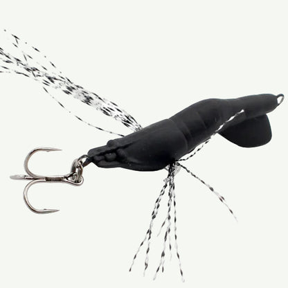 Black fishing lure with a hook on a white background