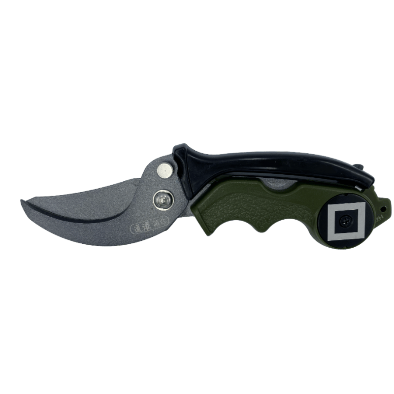 Gardening pruner with black handle and silver blade on a white background