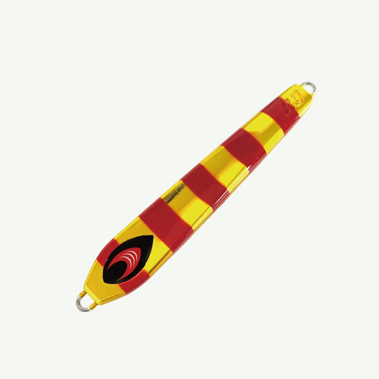 Yellow and red striped object with a black design on a white background