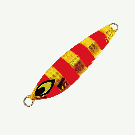 Fishing lure with red and gold stripes on a white background