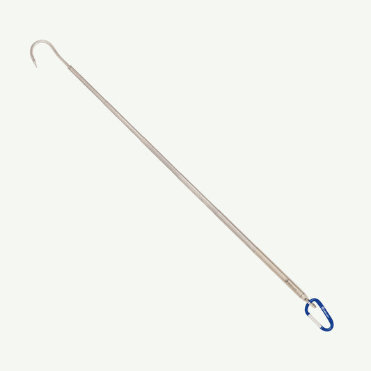 Long metal rod with a gaff at one end and a blue clip at the other on a white background