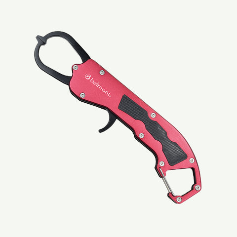 Red fish lip grip with black accents on a white background