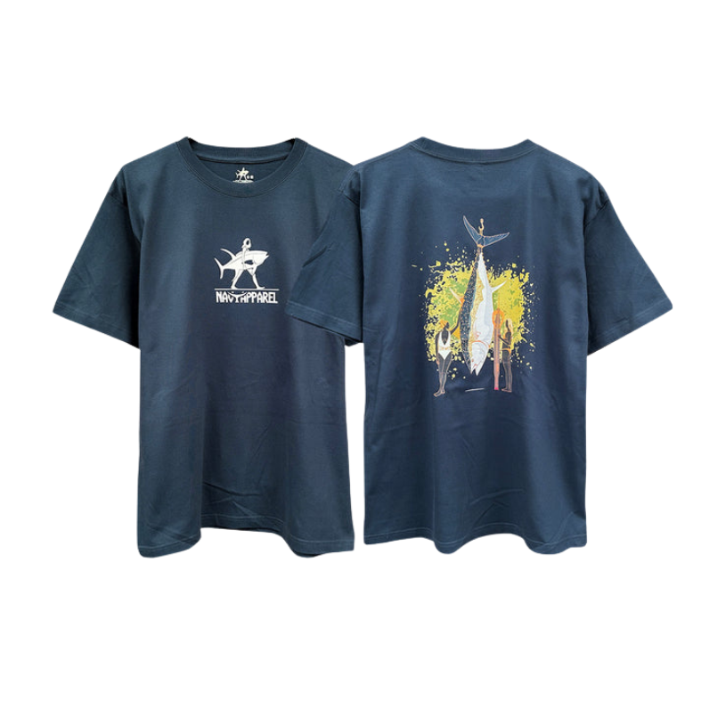 Navy blue t-shirt with shark graphic on front and colorful design on back, on a white background