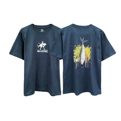 Navy blue t-shirt with shark graphic on front and colorful design on back, on a white background
