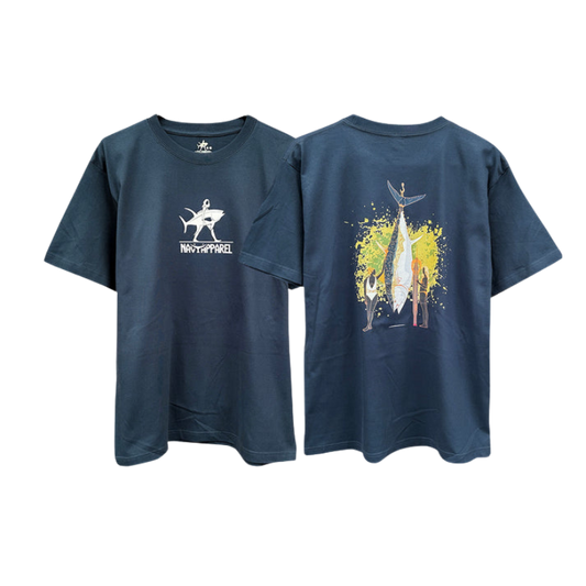 Navy blue t-shirt with shark graphic on front and colorful design on back, on a white background
