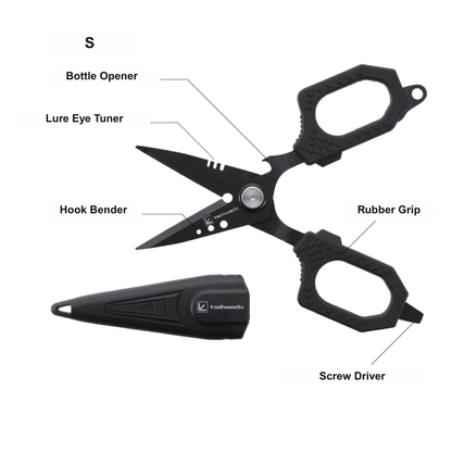 Black multi-tool fishing shears size S with labeled features on a white background