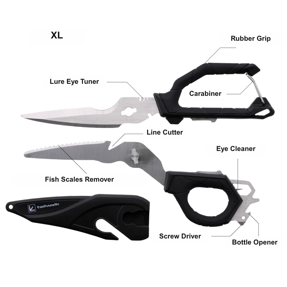 Multi-tool scissors XL with various features labeled on a white background