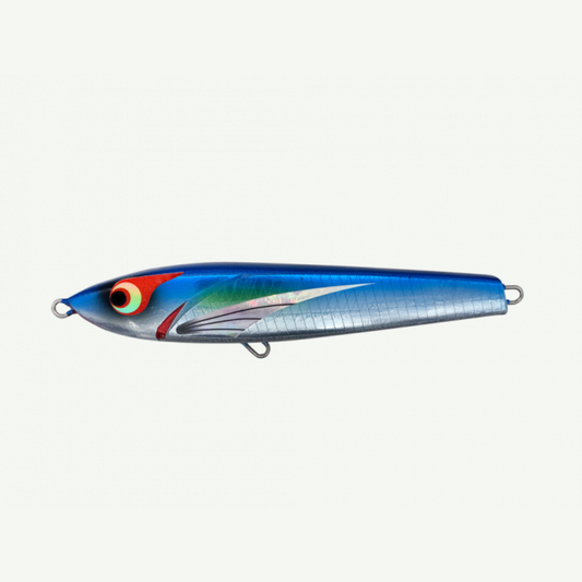 Fishing lure with a blue body and colorful face on a white background