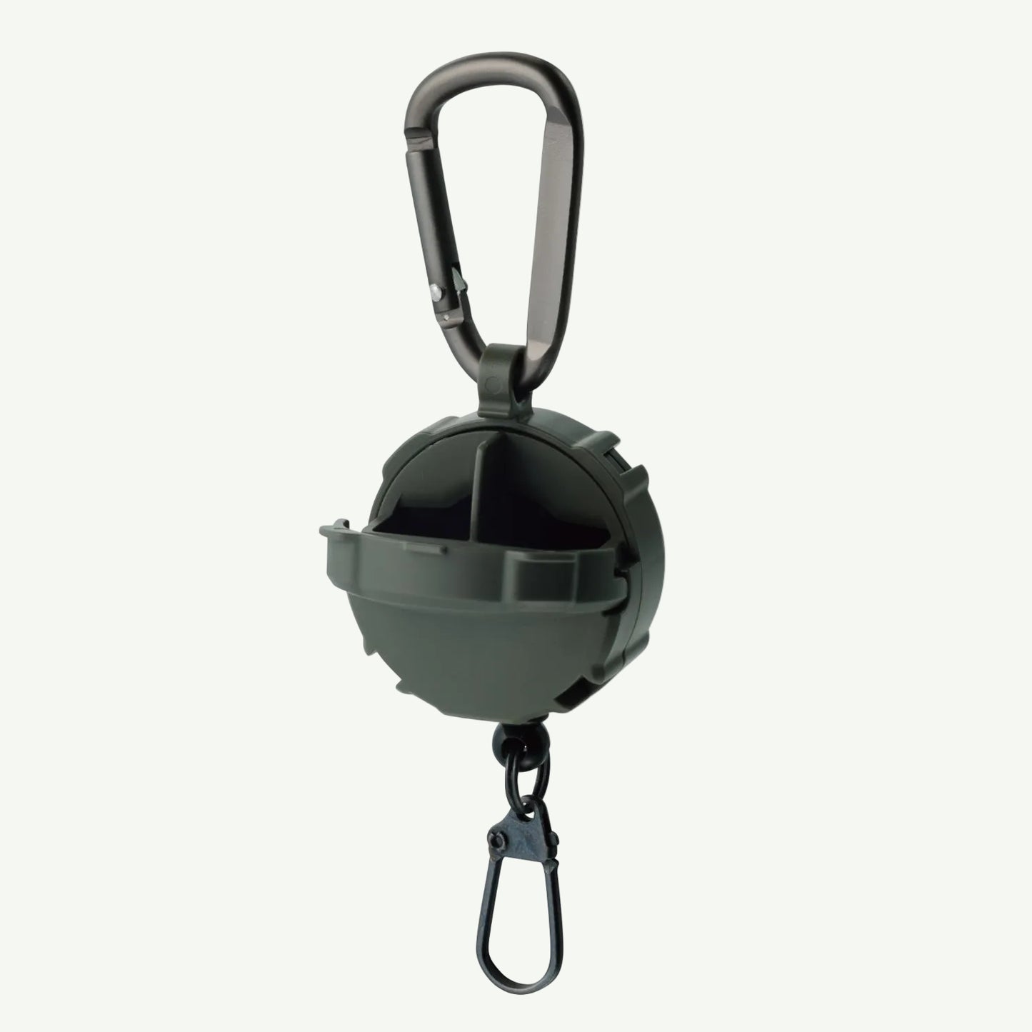 Black retractable dog leash with carabiner on a white background