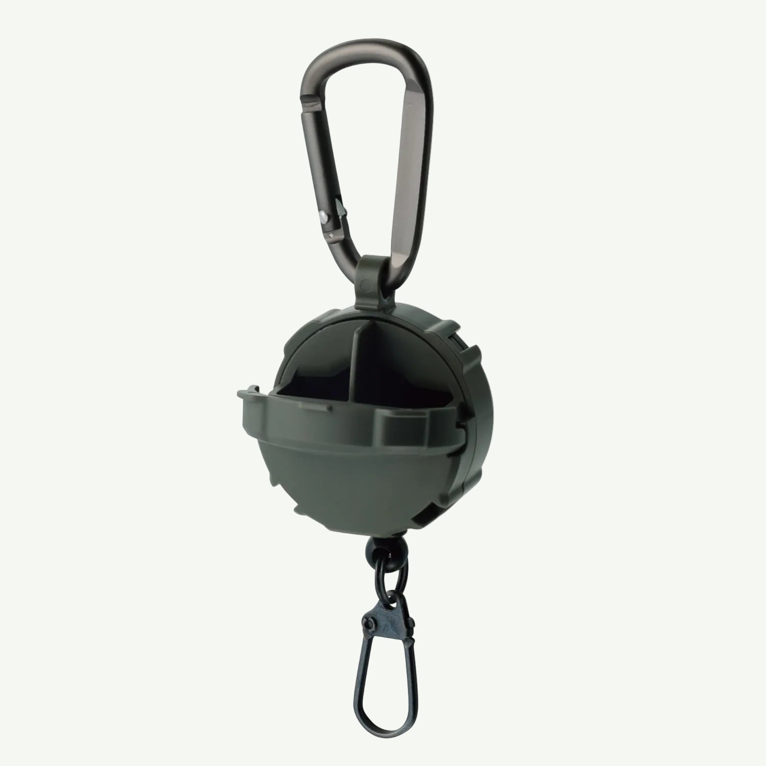 Black retractable dog leash with carabiner on a white background