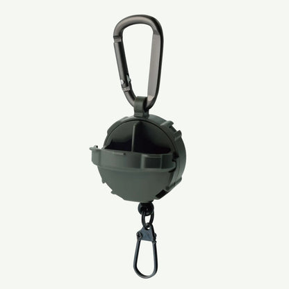 Black retractable dog leash with carabiner on a white background