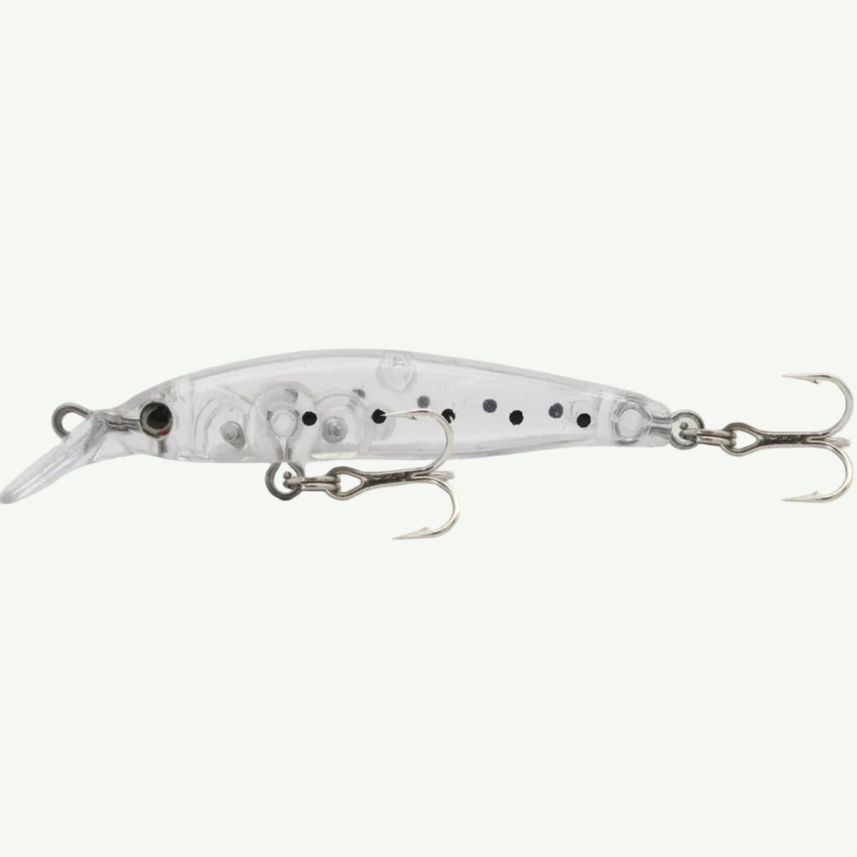 A small, multicolored fishing lure designed to resemble a minnow, with silver accents and treble hooks.