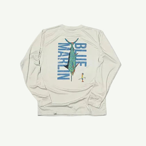 Beige long-sleeve shirt with blue marlin graphic on a white background