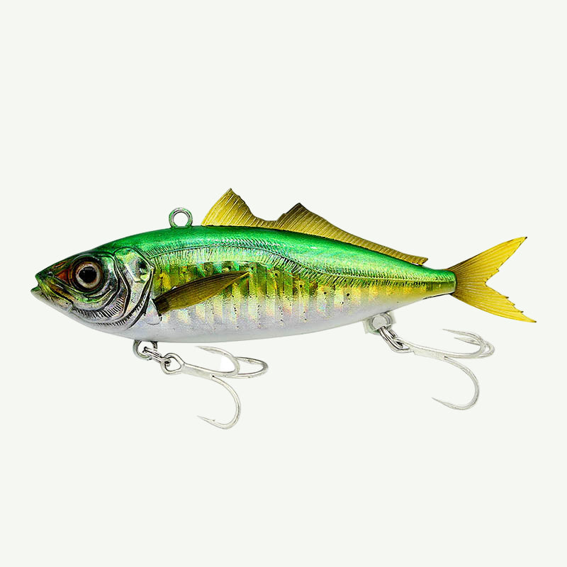 Green and yellow fishing lure on a white background