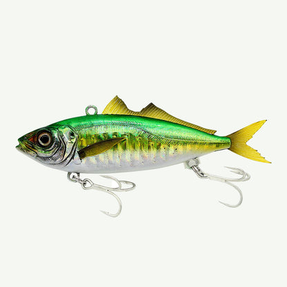 Green and yellow fishing lure on a white background