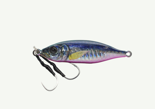 A multicolored, asymmetrical metal fishing jig designed to mimic the profile of a horse mackerel.